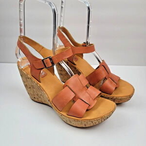Korks By Kork-Ease Brie Wedge Leather Sandal Womens 10 Orange Tan Buckle